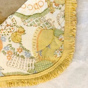 VTG 80s Yellow Baby Blanket Quilt Sears Roebuck & Co Perma-Prest ABC Cat Dog